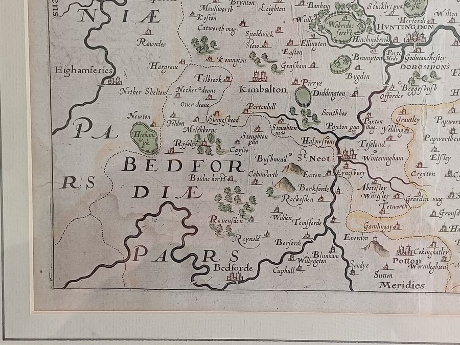 Antique Christopher Saxton hand-coloured map of Huntingdon dating circa 1607