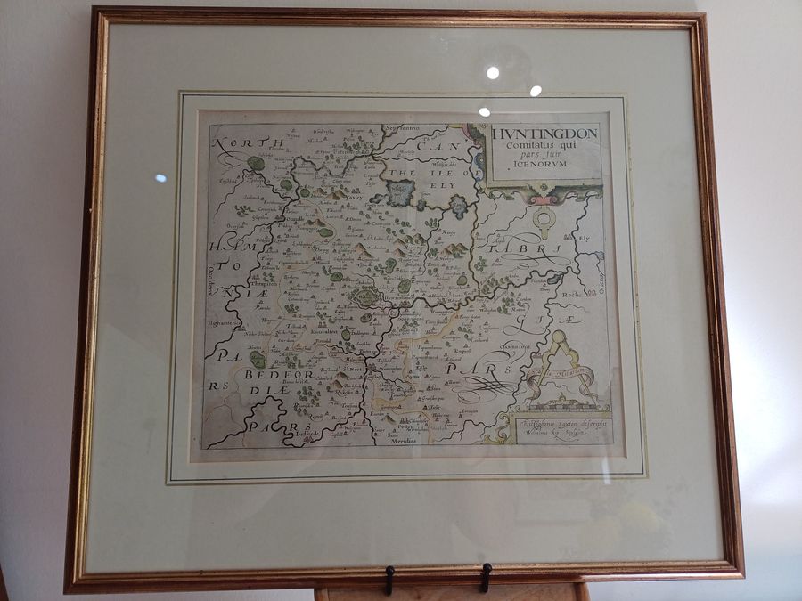 Antique Christopher Saxton hand-coloured map of Huntingdon dating circa 1607