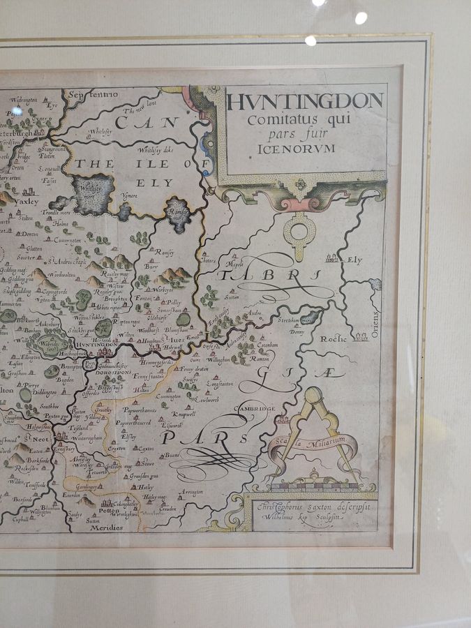 Antique Christopher Saxton hand-coloured map of Huntingdon dating circa 1607