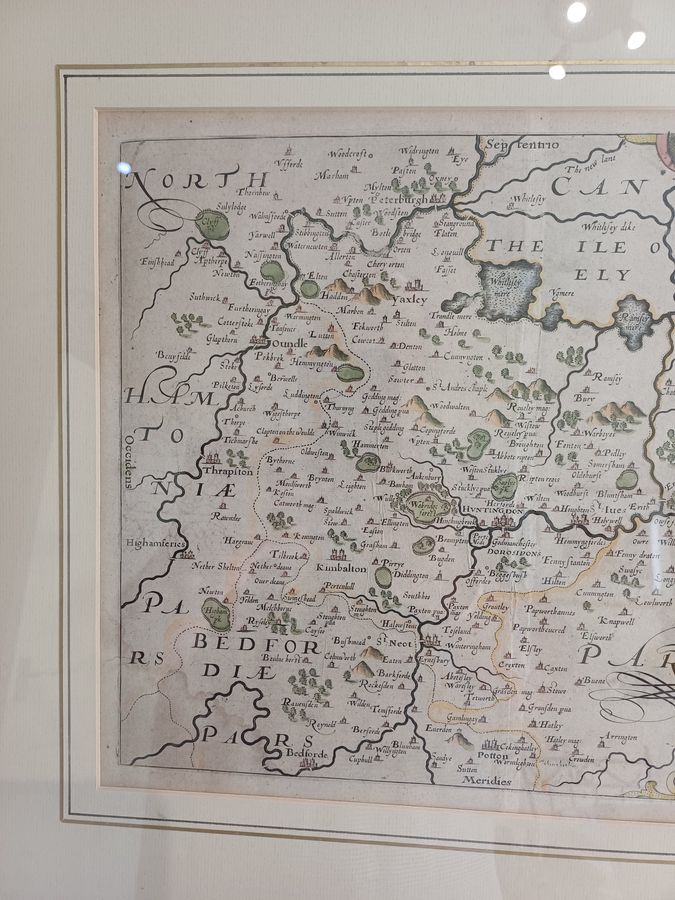 Antique Christopher Saxton hand-coloured map of Huntingdon dating circa 1607