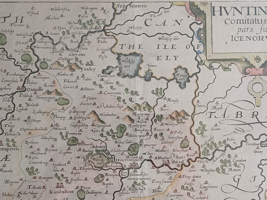 Antique Christopher Saxton hand-coloured map of Huntingdon dating circa 1607