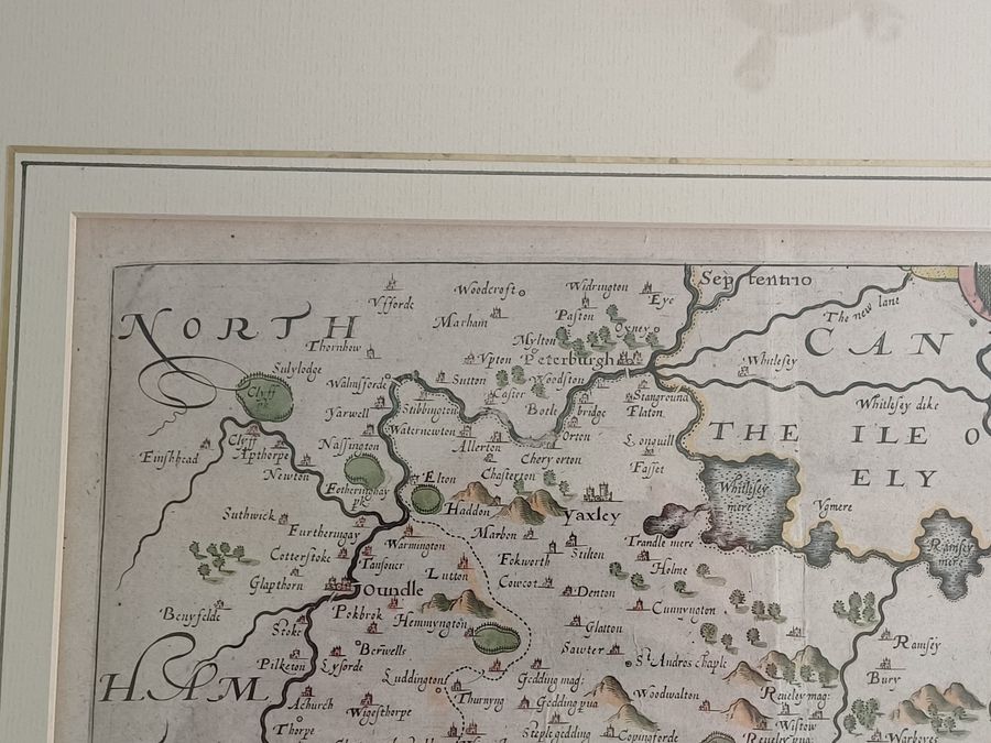 Antique Christopher Saxton hand-coloured map of Huntingdon dating circa 1607