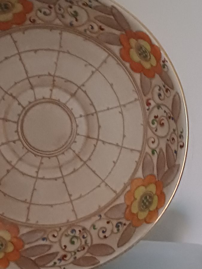 Antique A large Charlotte Rhead Bursley Ware Arabesque Trellis pattern pottery bowl, stamped to the underside circa 1930