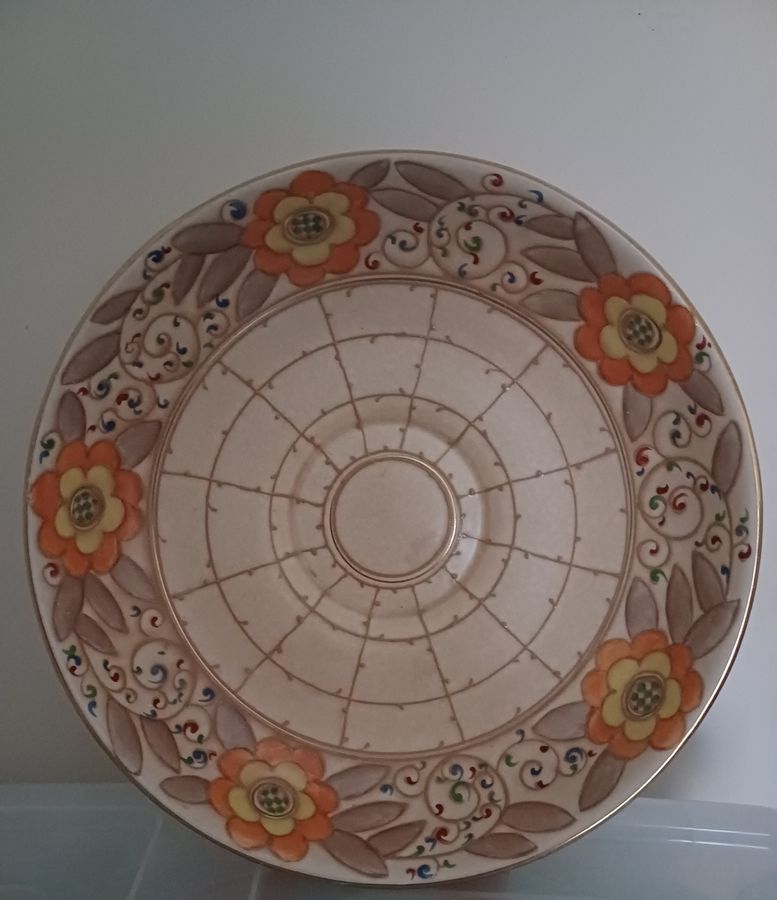 Antique A large Charlotte Rhead Bursley Ware Arabesque Trellis pattern pottery bowl, stamped to the underside circa 1930