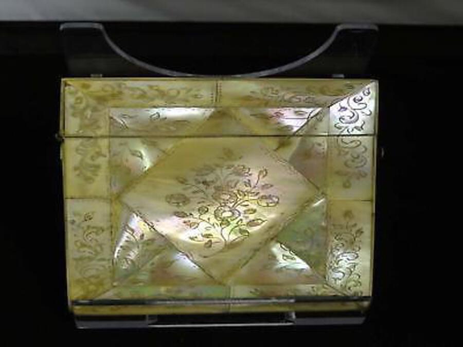 Antique Antique Mother-Of-Pearl Card Case, Engraved Scrolling Foliage, C. 19th Century