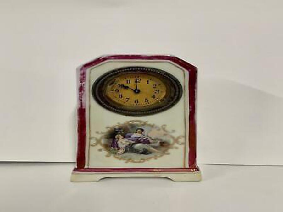 Antique Painted And Glazed Ceramic Pottery With Clock, Unsigned, German Made,Circa 1930s