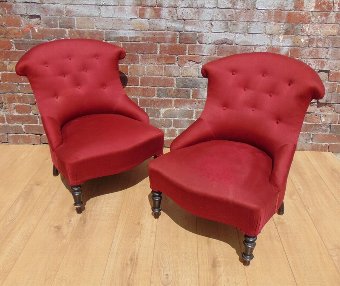Pair 19c shapely French button back boudoir armchairs