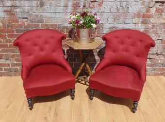 Antique Pair 19c shapely French button back boudoir armchairs