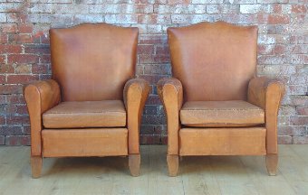 Antique Pair French Leather Club Chairs