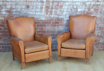 Antique Pair French Leather Club Chairs