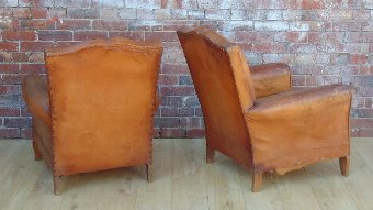 Antique Pair French Leather Club Chairs