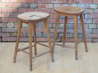 Pair Beech Industrial Machinist Stools
