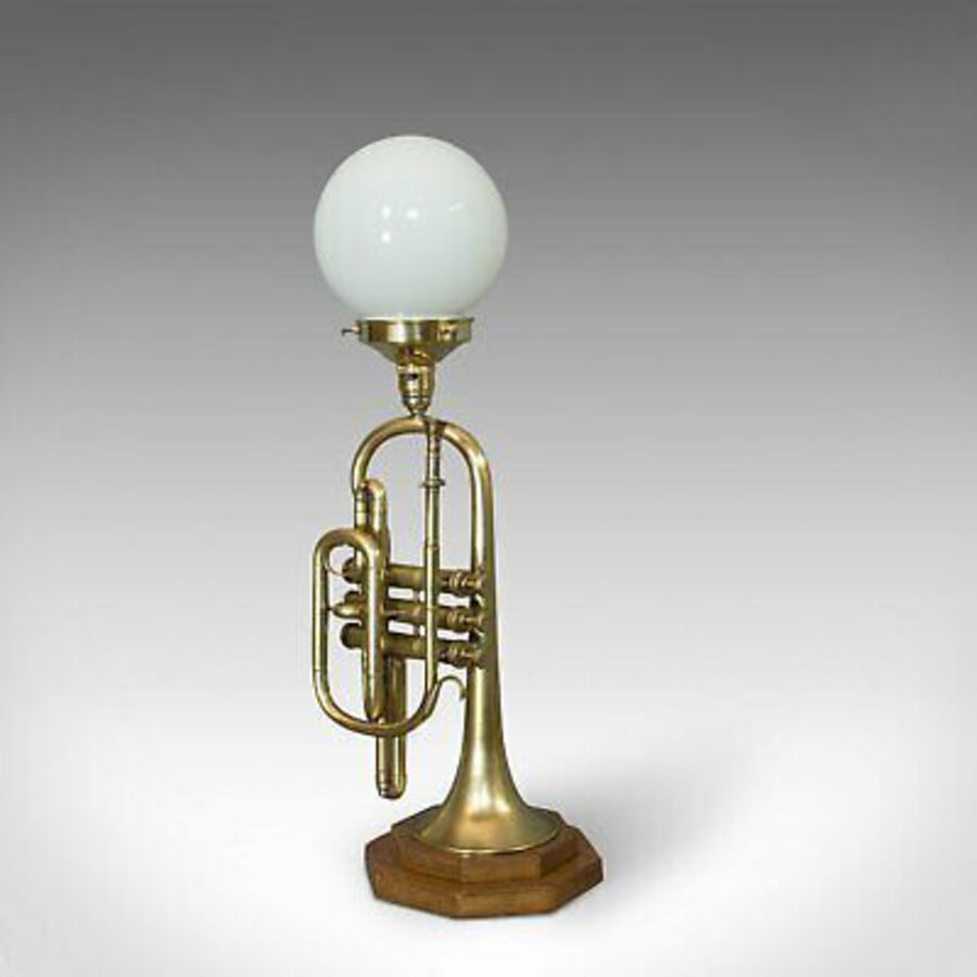 Antique Vintage Trumpet Lamp, English, Oak, Brass, Musical Instrument, Light, Pendant