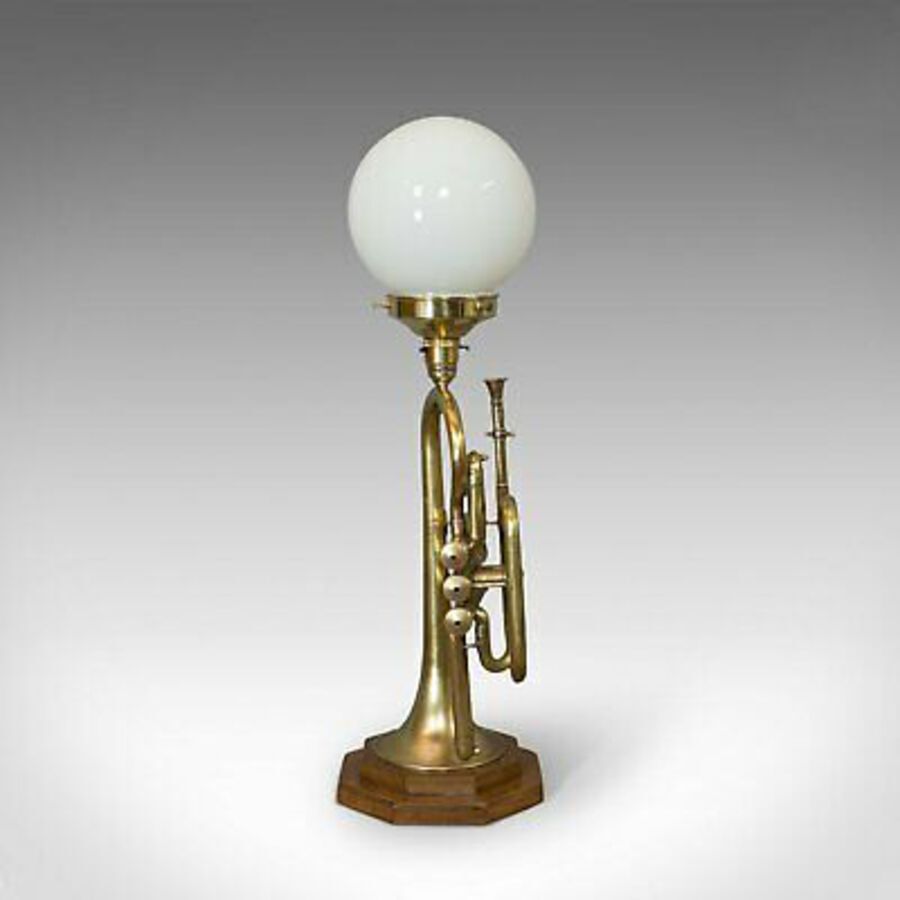 Antique Vintage Trumpet Lamp, English, Oak, Brass, Musical Instrument, Light, Pendant