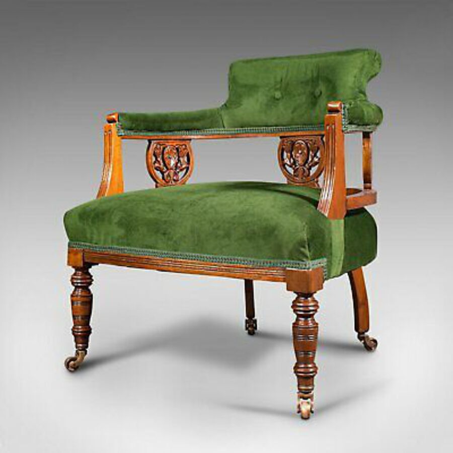 Antique Antique Tub Chair, English, Velvet, Mahogany, Elbow, Seat, Edwardian, Circa 1910