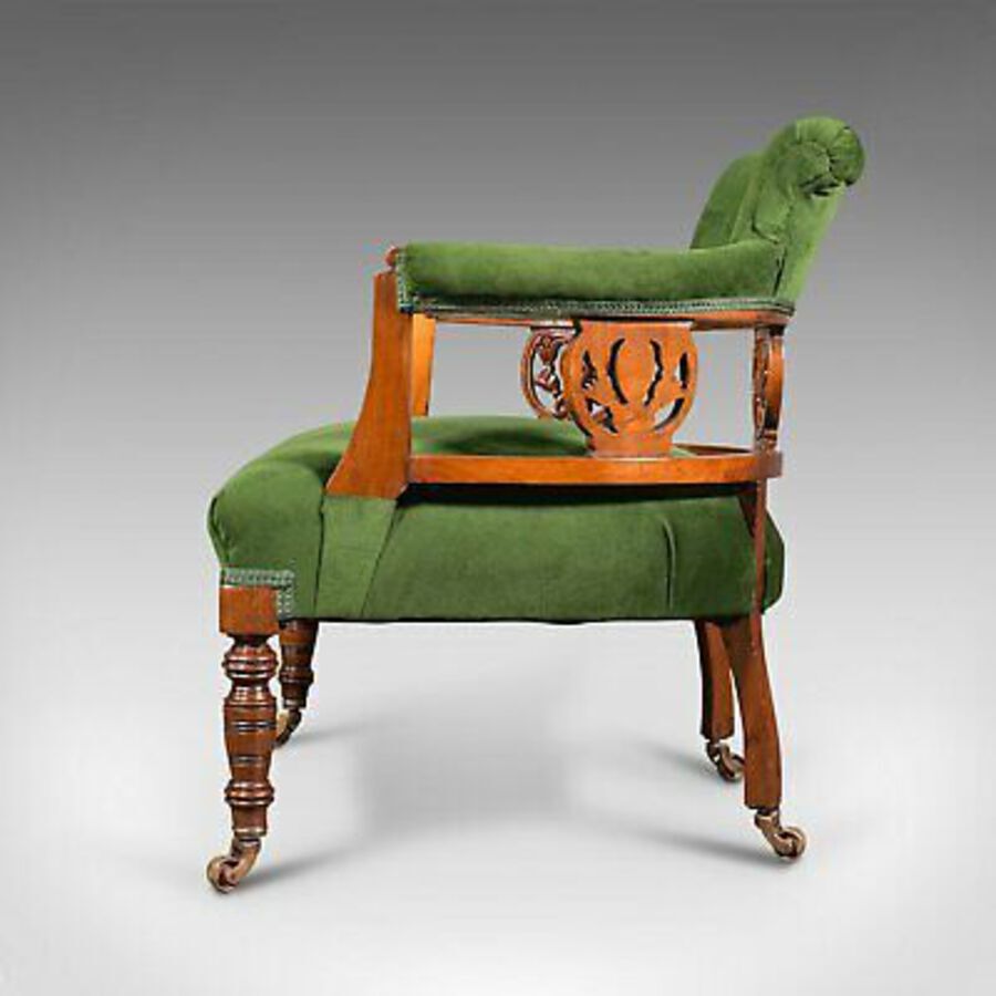 Antique Antique Tub Chair, English, Velvet, Mahogany, Elbow, Seat, Edwardian, Circa 1910