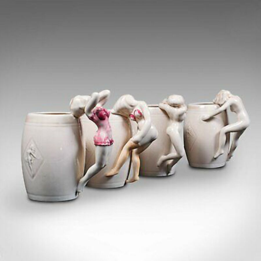 Antique Set Of, Vintage Decorative Barrel Mugs, Japanese, Ceramic Cup, Female Figures