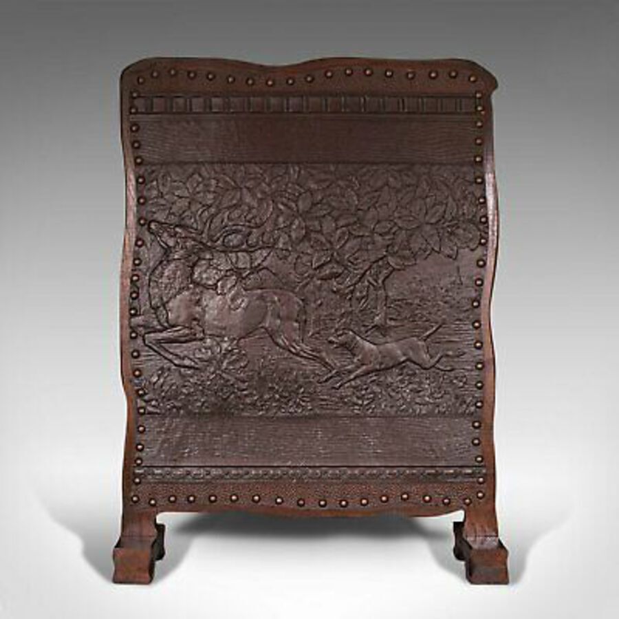 Antique Antique Embossed Fire Screen, Oak, Leather, Fireside, Arts And Crafts, Edwardian