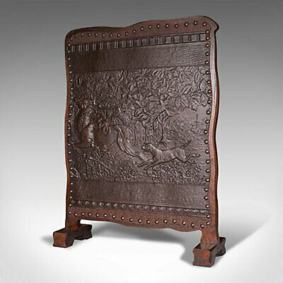 Antique Antique Embossed Fire Screen, Oak, Leather, Fireside, Arts And Crafts, Edwardian