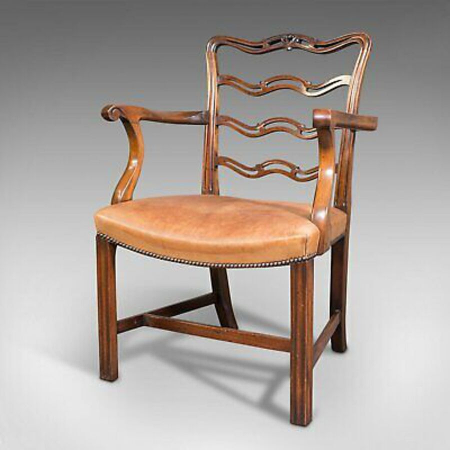 Antique Vintage Ladder Back Study Chair, Irish, Leather, Elbow Seat, Carver, Art Deco