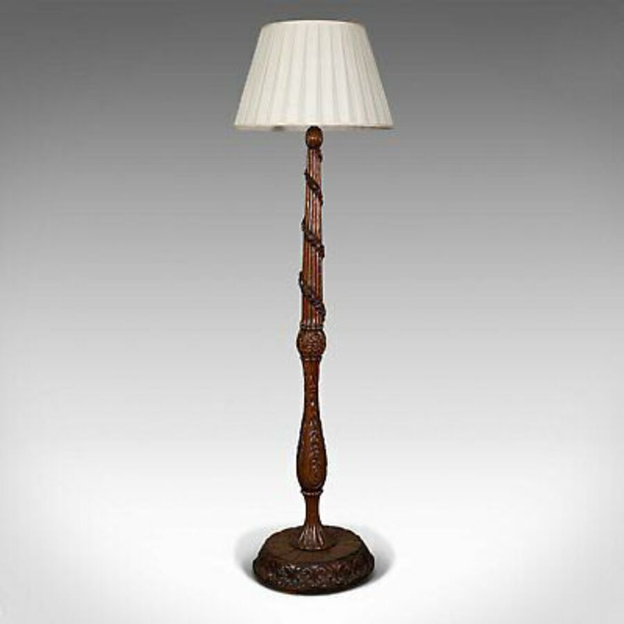 Antique Antique Standard Lamp, Black Forest, Continental, Oak, Lounge, Light, Edwardian