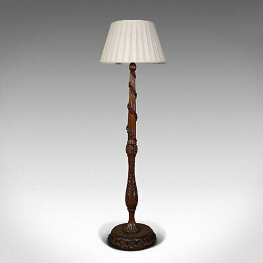 Antique Antique Standard Lamp, Black Forest, Continental, Oak, Lounge, Light, Edwardian