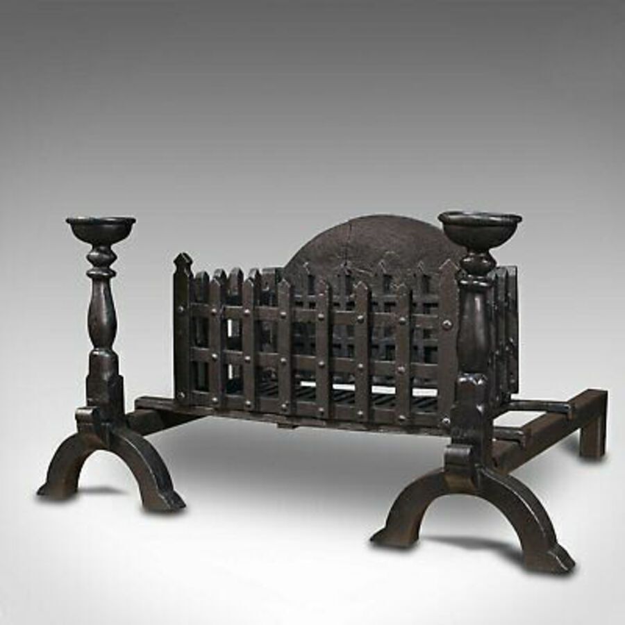 Antique Heavy Vintage Fireplace Set, English, Iron, Fire Basket, Grate, Medieval Revival
