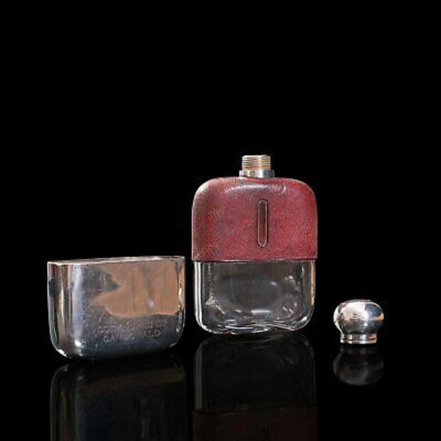 Antique Antique Hip Flask, English, Leather, Glass, Silver Plate, Celebration Gift, 1920