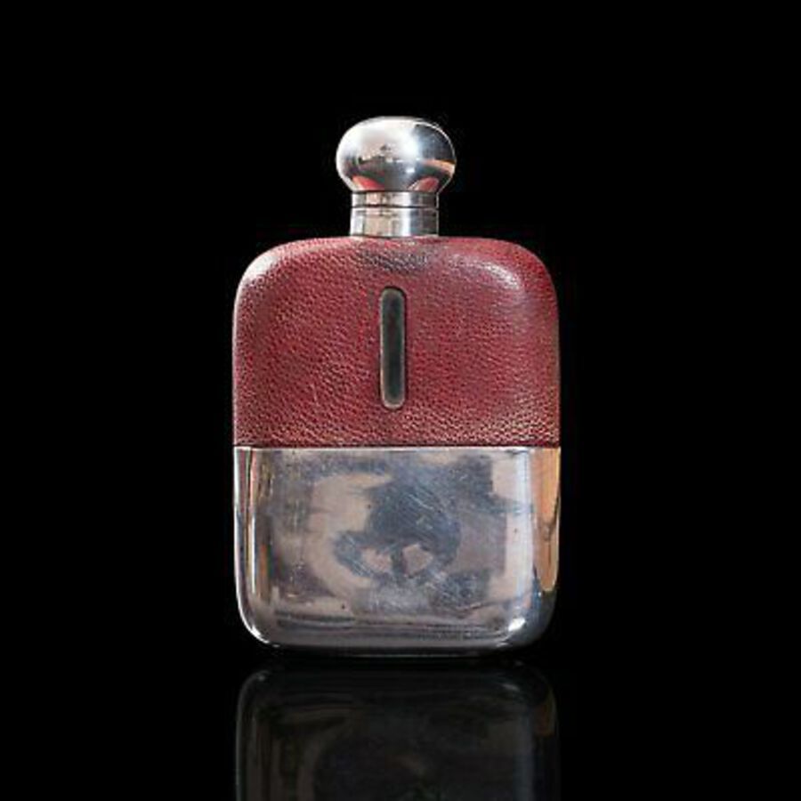Antique Antique Hip Flask, English, Leather, Glass, Silver Plate, Celebration Gift, 1920