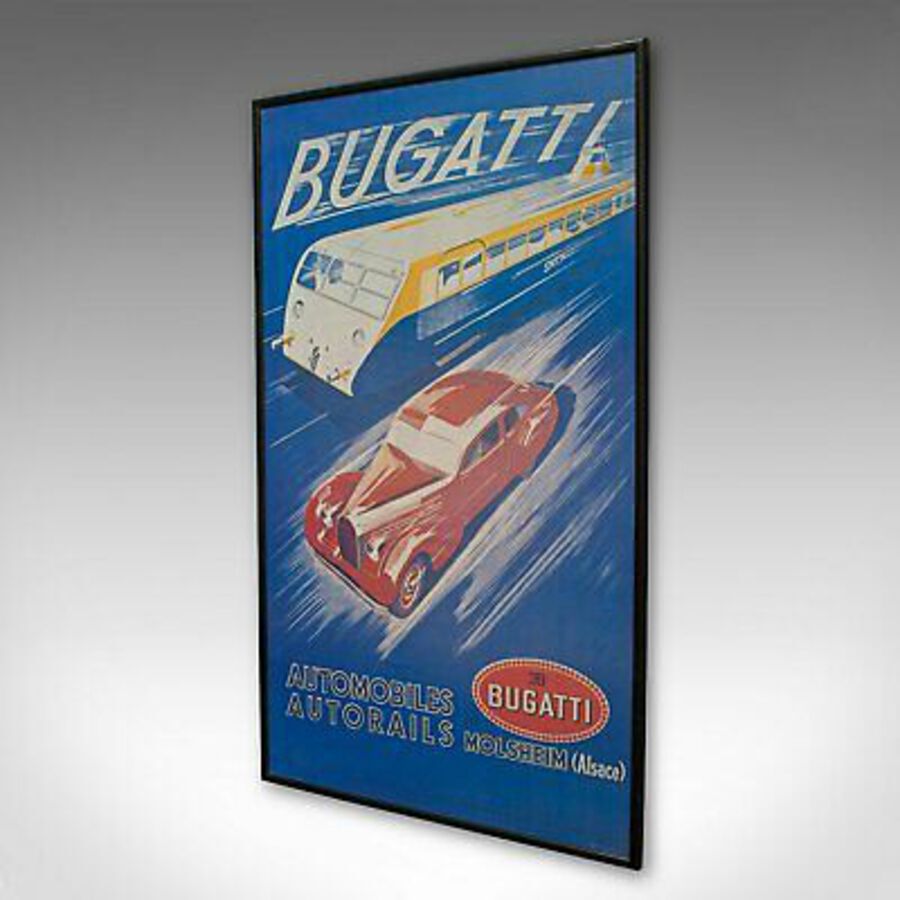 Antique Vintage Bugatti Poster, French, Framed, Advertisement, Lithograph, Art Deco
