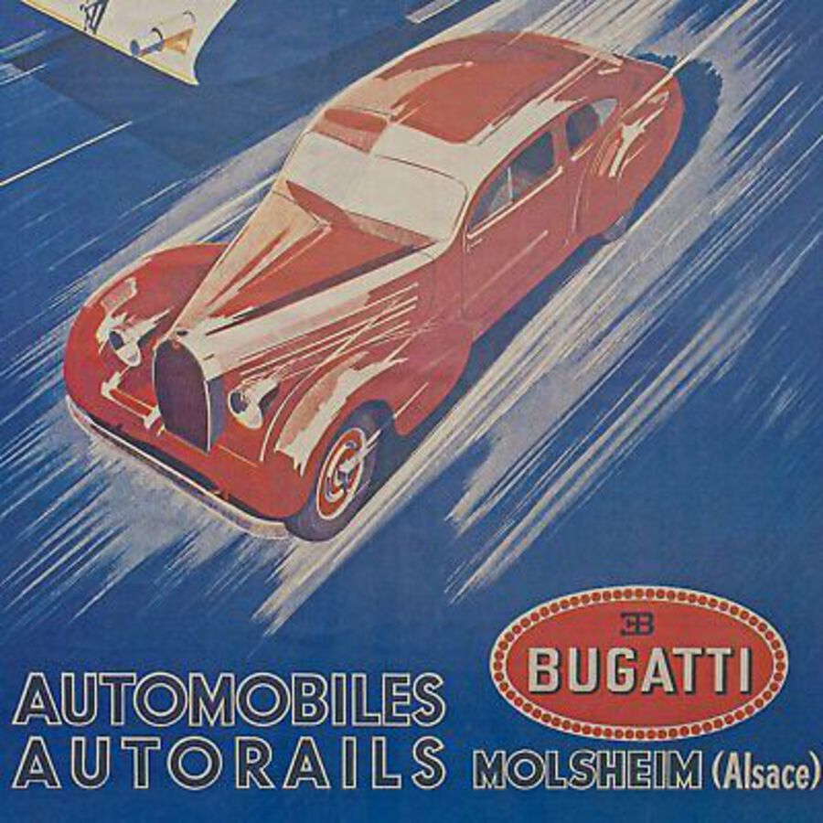 Antique Vintage Bugatti Poster, French, Framed, Advertisement, Lithograph, Art Deco