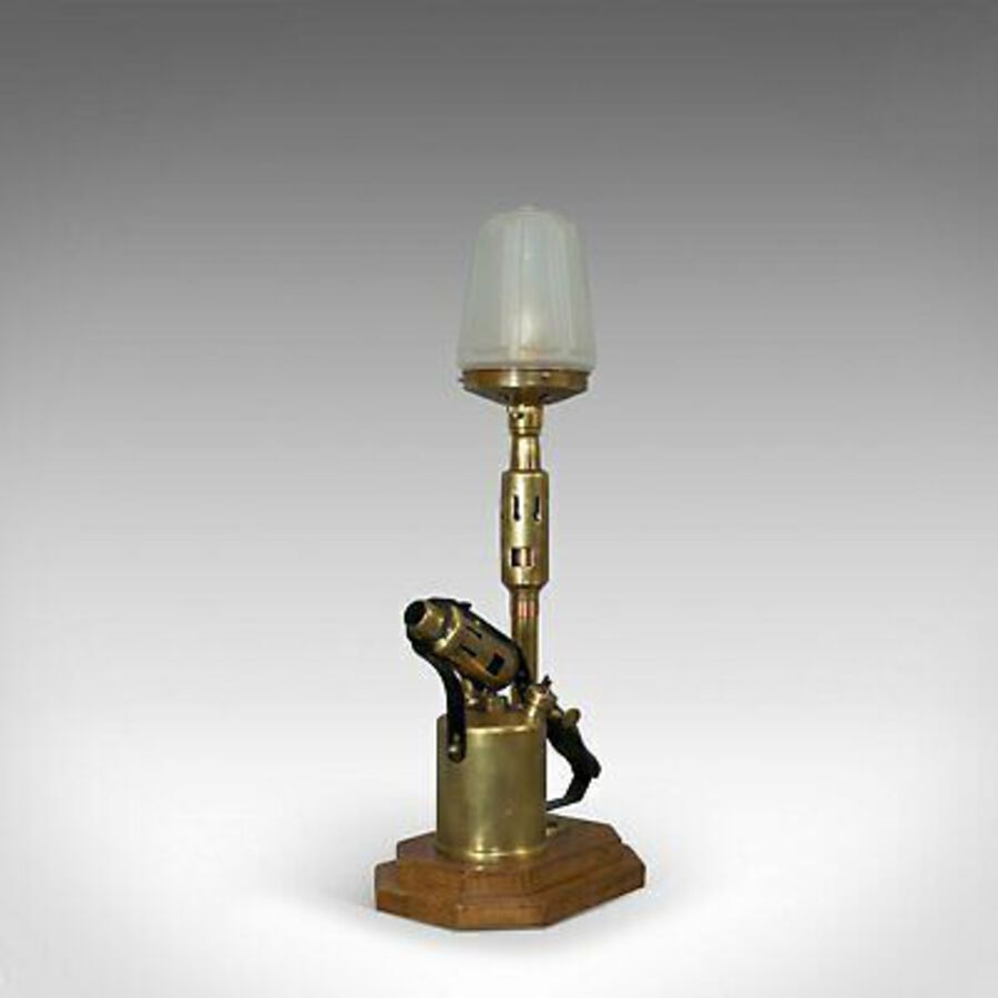 Antique Vintage Decorative Lamp, English, Brass, Blow Torch, Light, Shade, Oak Base