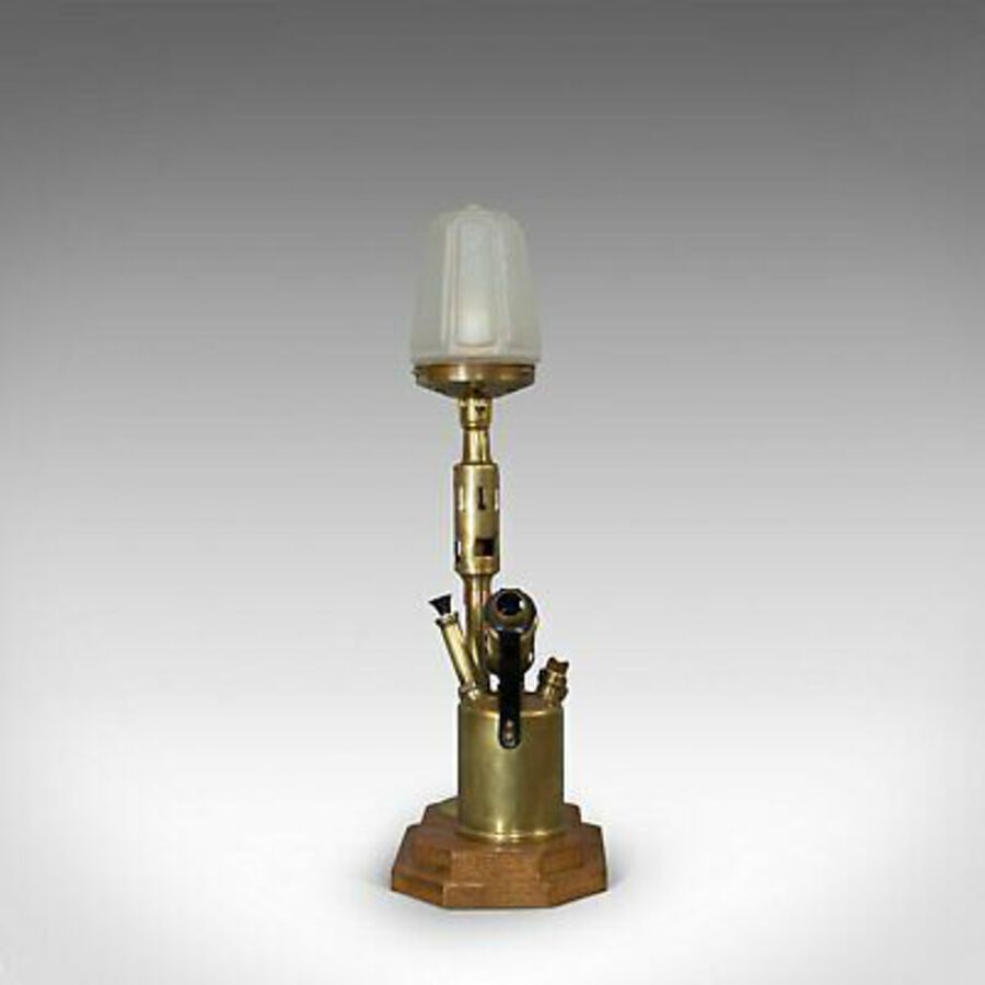 Antique Vintage Decorative Lamp, English, Brass, Blow Torch, Light, Shade, Oak Base