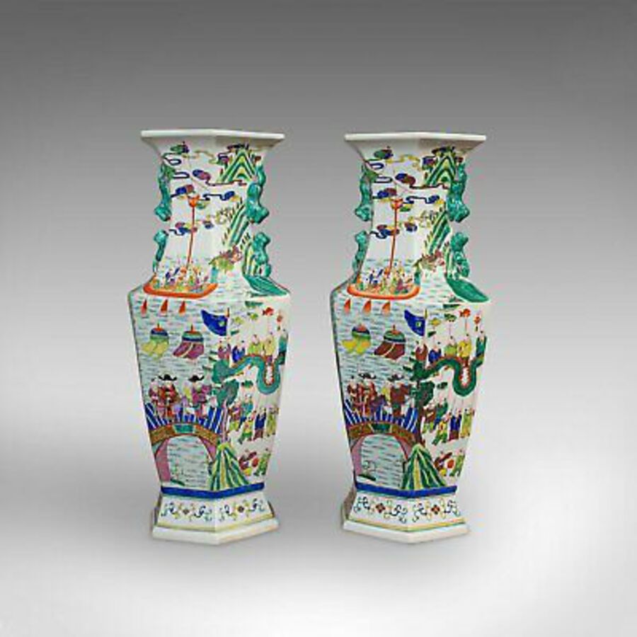 Antique Very Large Pair, Antique Decorative Vases, Oriental, Ceramic, Urn, Circa 1900