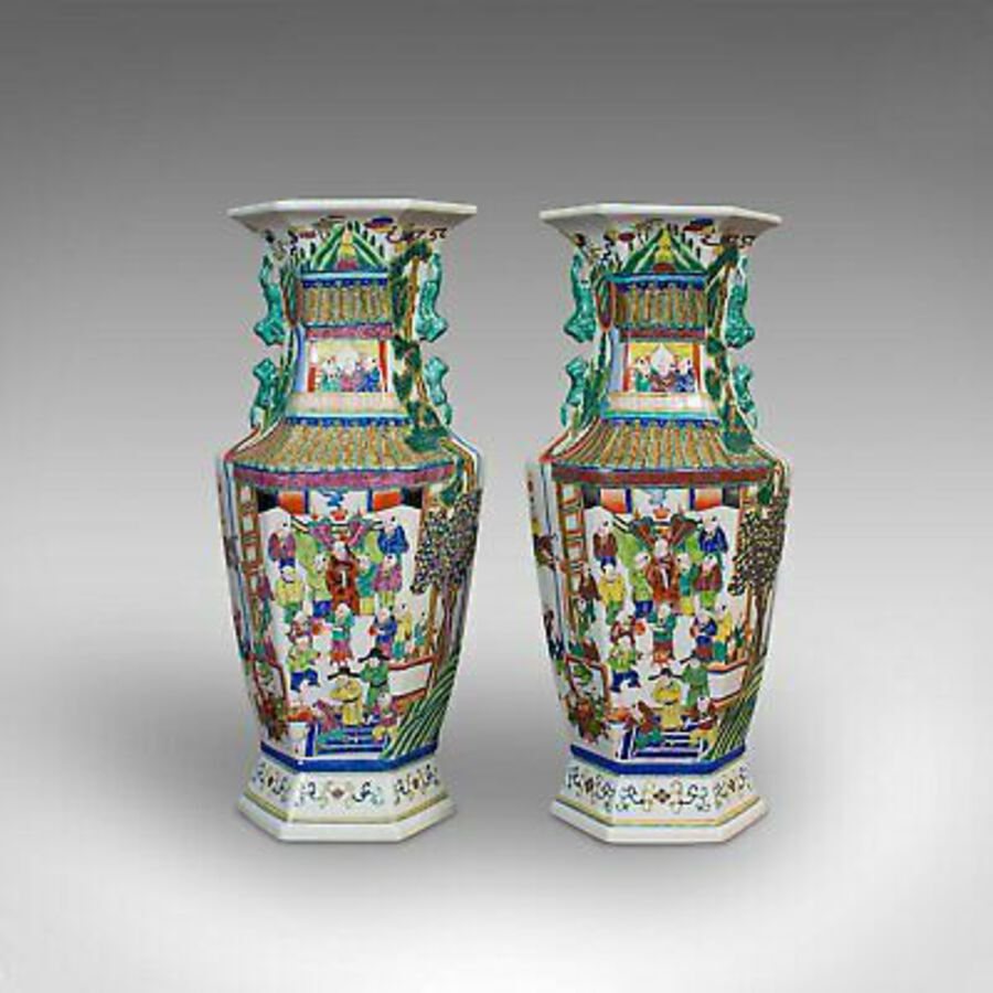 Antique Very Large Pair, Antique Decorative Vases, Oriental, Ceramic, Urn, Circa 1900