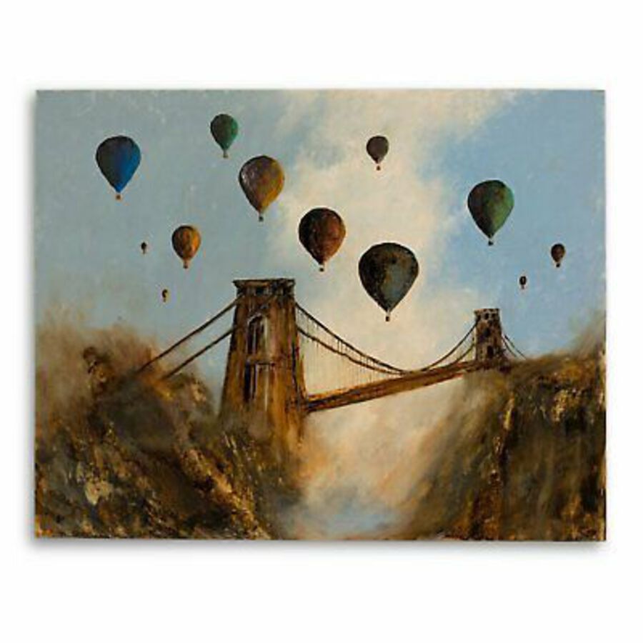 Antique Original Landscape, Oil Painting, Balloon Festival, Bristol, Art, 26
