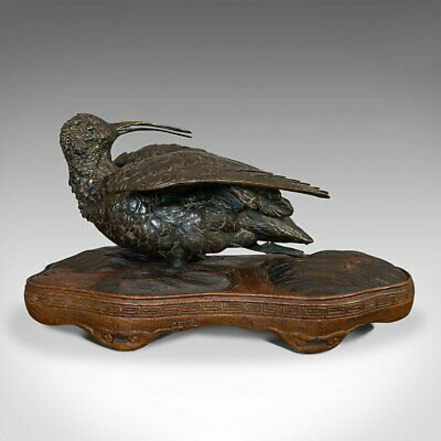 Antique Antique, Curlew, Oriental, Bronze, Mahogany, Decorative, Small Bird, Circa 1900