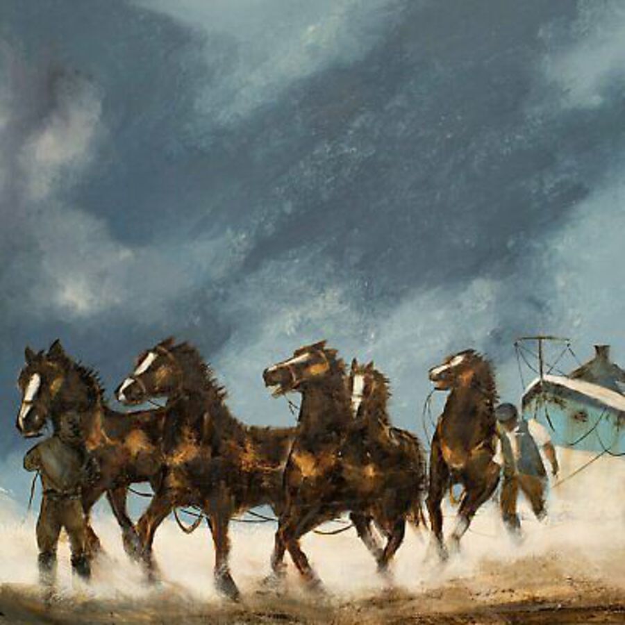 Antique Large Beach Landscape Painting, Horses, Marine, Art, Original, 41