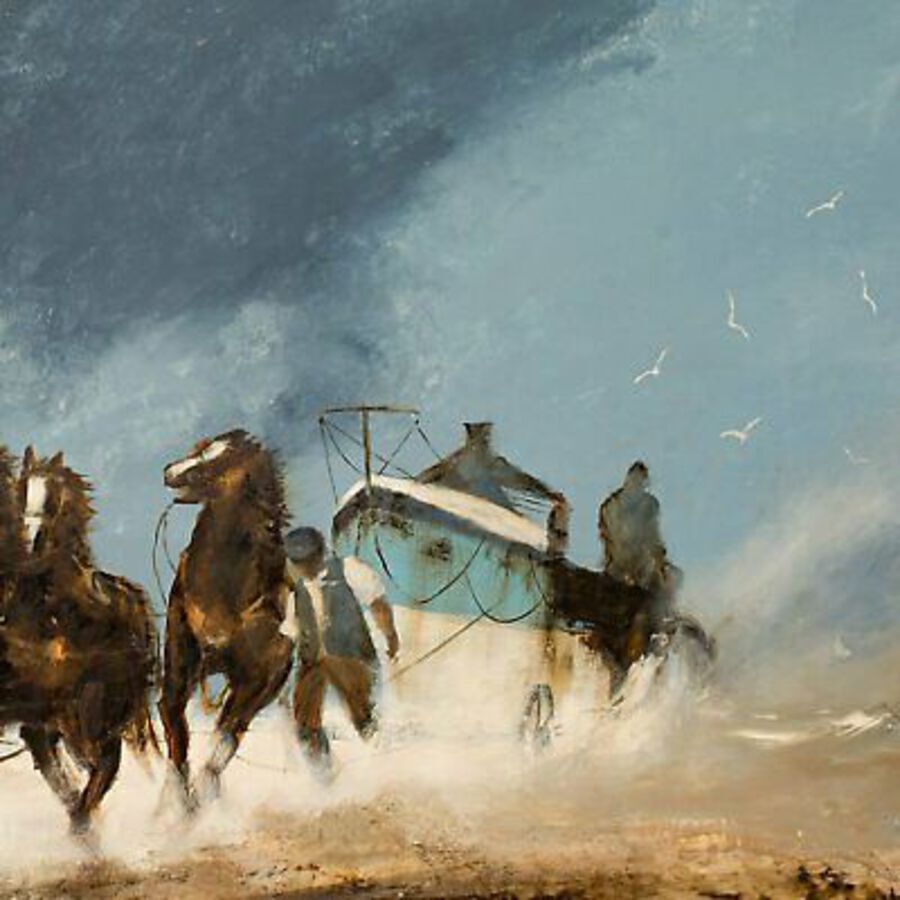 Antique Large Beach Landscape Painting, Horses, Marine, Art, Original, 41