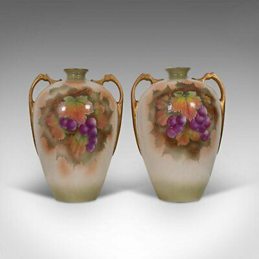 Antique Pair Of, Vintage Wine Amphora, English, Ceramic, Decorative, Vessel, Handpainted