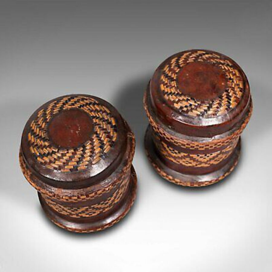 Antique Pair Of, Vintage Decorated Tobacco Tins, English, Leather, Canister, Circa 1940