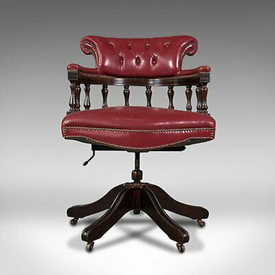 Antique Vintage Captain's Chair, English, Leather, Desk, Victorian Revival, Circa 1960
