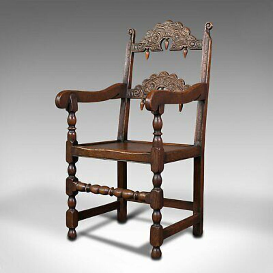 Antique Antique Carved Elbow Chair, Oak, Side, Hall Seat, Jacobean Revival, Victorian