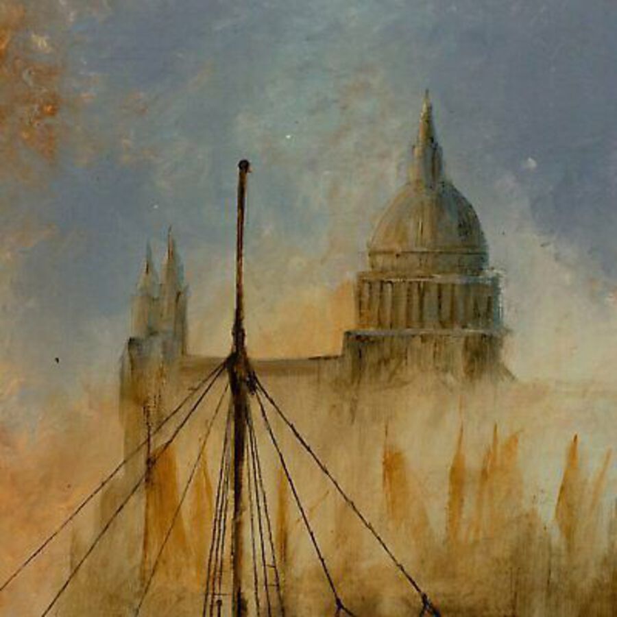 Antique Thames Landscape, Oil Painting, Maritime, London, St Paul's, Art, Original