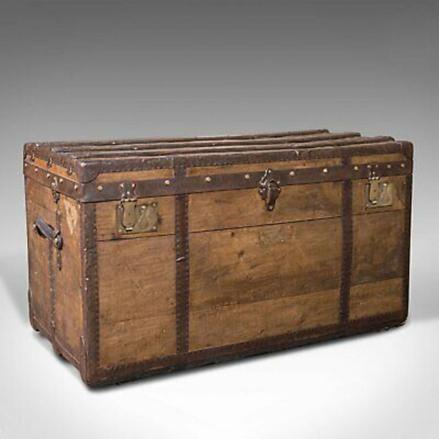 Large Antique Steamer Trunk, English, Pine, Travel, Shipping Chest, Victorian