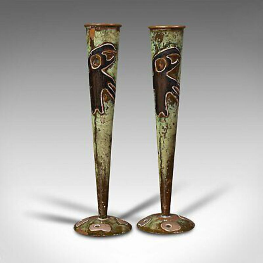 Antique Pair Of Antique Flute Vases, French, Copper, Posy, Art Nouveau Taste, Circa 1920