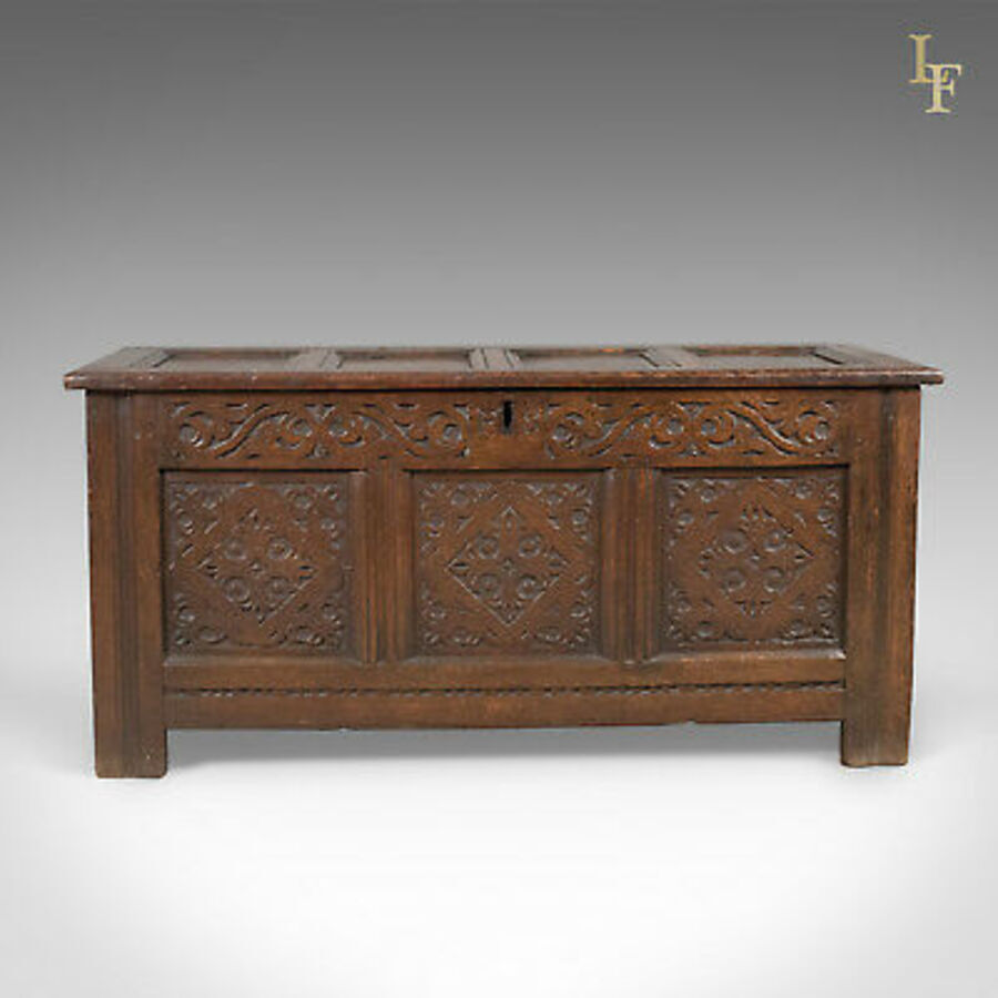 Antique Carved Antique Coffer, English Oak Joined Chest, Trunk, c.1700