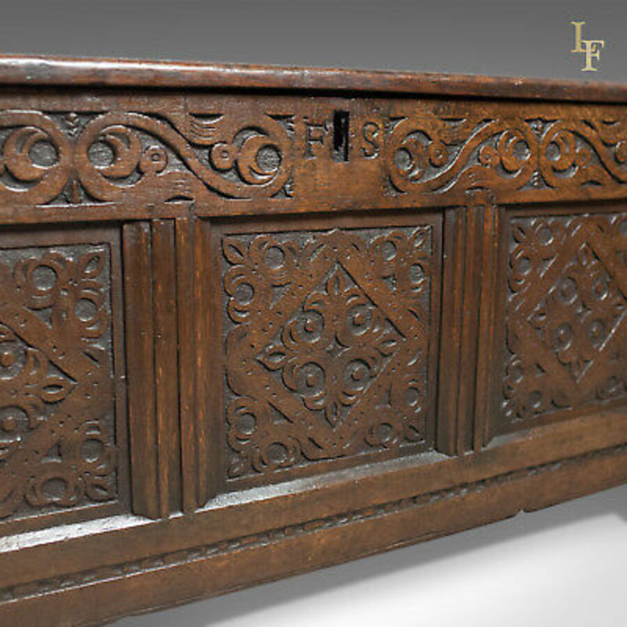 Antique Carved Antique Coffer, English Oak Joined Chest, Trunk, c.1700