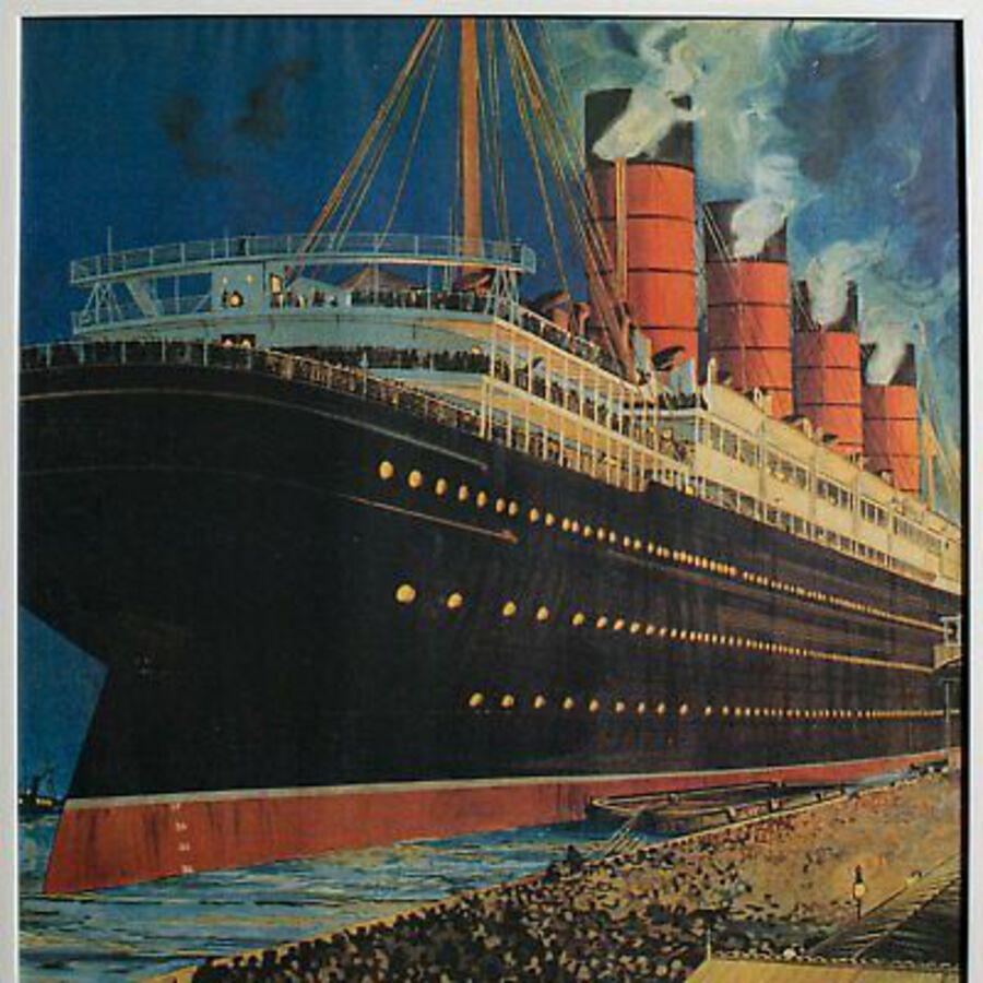 Antique Vintage Cunard Cruise Line Poster, English, Print, RMS Lusitania, Maritime, Ship