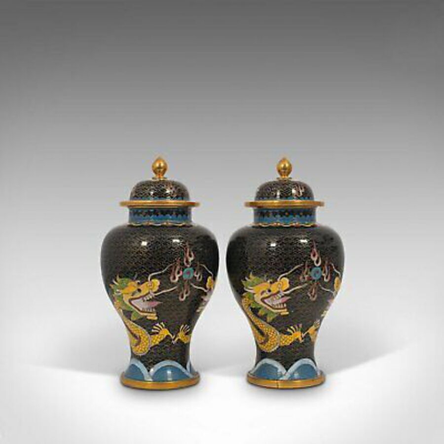 Pair Of, Antique Decorative Spice Jars, Chinese, Cloisonne, Baluster Urn, C.1900